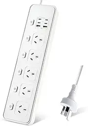 AU Plug Extension Cord Power Board, 5 AC Outlets, USB C Fast Charge, Surge Protector, Independent Switches, Australian Powerboard for Home Office, 2M Lead (White)