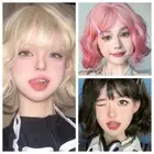 Pink Bob Hair Wig Curly Synthetic Wig with Bangs Short Brown Wavy Wig Girls