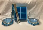 Monogrammed Bartending Bundle-Siligram BML Coasters Ice Tray Glasses Tongs Blue