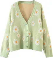 [XIAXAIXU] Womens Y2K Flower Pattern Long Sleeve Loose Knitwear Sweater V-Neck Button Down Knitted Cardigan