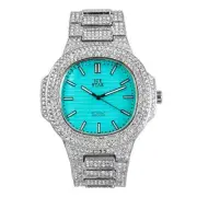 TEAL BLUE COLOR WATCH FULLY ICED METAL BAND HIP HOP RAPPER'S SIMULATED DIAMOND