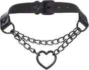 [Generic] Simulated Leather Black-Tone/Silver-Tone Gothic Punk Heart Ring Cuban Curb Link Chain Adjustable Neckband Collar Choker