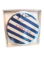 J Crew Letterhead " Cheers" 6 Blue Striped Drink Coasters in Box. Paper.