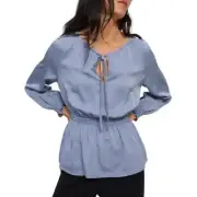 Theory Womens Blue Silk Smocked Shirt Peasant Top P BHFO 4045