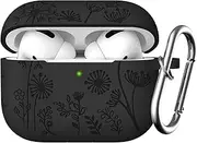 Flower Engraved Case Compatible with AirPods Pro 2 Case Cover & Airpod Pro Case Cover, Cute Soft Silicone Full Protection, for Apple AirPods Pro 2nd 1st Generation Case Front LED Visible, Black