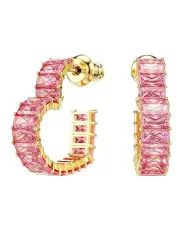 [Swarovski] Baguette Cut Heart Small Gold-Tone Plated Matrix Hoop Earrings in Pink