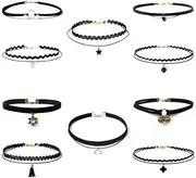 [Deraweey] 10 Pieces Black Choker Necklace Set for Women, Velvet, Lace, Ribbon, Gothic Collar, and Classic Colorful Styles