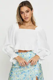 White Peasant Blouse Long Sleeve Crop - Size 6, Women's Semi Crop