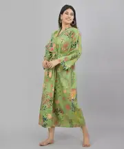 Green Floral Print Cotton Kimono Robe Dressing Gown, Block Print Bridesmaid Robe
