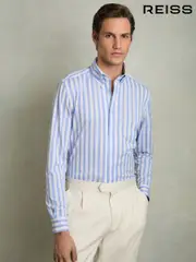 Reiss Pale Blue Stripe Tobin Striped Jersey Button Down Shirt With Cotton (AW3614) | $225