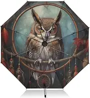 [PDZRMY] Owl Dreamcatcher Feather UV Protection Travel Umbrella Compact for Rain and Sun - Auto Open and Close UPF 50+ Windproof Portable 46” Sun Umbrella for Women and Men