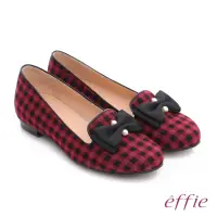 在飛比找momo購物網優惠-【effie】都會舒適 全真皮豔彩格紋拼接珍珠蝴蝶低跟鞋(紫