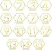 KINBOM 15 Pieces 1-15 Wedding Acrylic Cut-out Table Numbers with Stand Holders Hexagon Tables Centerpieces for Wedding Reception Decorations (Gold)