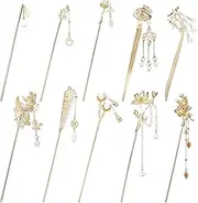 Lawie 10 Pack Retro Gold Metal Long Hair Sticks Pins with Pearl Jade Dangles Tassels Pendants Chinese Hanfu Asian Flower Butterfly Hair Chopsticks Hair Picks Bun Forks Holders Hairpins for Women Girls