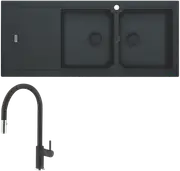 Franke Bali Double Bowl Sink with Left Hand Drainer and Verona Pull-Out Tap - Matt Black