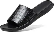 [BOTRENT] Men's Print Genuine Leather Flat Slides Sandals Round Open Toe Non Slip Outdoor Slip On Casual Flats Slippers Lightweight Beach Summer Sandals