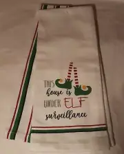 New Christmas Holiday Kitchen Towel Set Elf Surveillance & Red Green Stripes