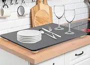 Large Dish Drying Stone Mat for Kitchen Counter,24" x 16" Quick Dry Diatomite Stone Mat with Wooden Feet, Non-slip Rapid Water Absorption Diatomaceous Earth Dish Drying Mat