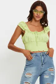 Yellow Short Sleeve Linen Shirred Top - Size 14, Women's Crop Top
