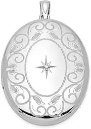 [JewelryWeb] 925 Sterling Silver Polished Patterned Holds 2 photos and Diamond With Swirl Border 34mm Oval Locket