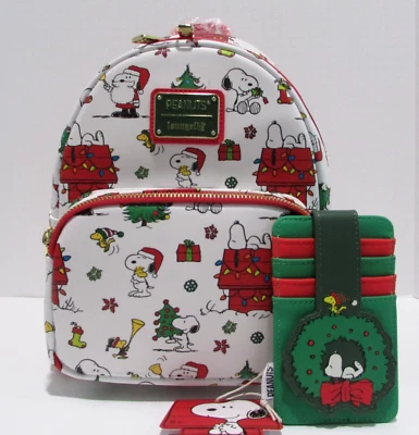 Loungefly Peanuts Snoopy Mini Backpack Christmas Woodstock & Cardholder NWT
