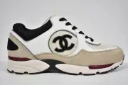 Chanel 22S White Ivory Beige Black CC Logo Tie Flat Runner Trainer Sneaker 41.5