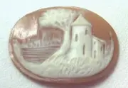 NOS Antique Hand Carved Oval Shell CAMEO Stone House & Tree Scene #N421