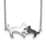 14k White Gold Black Real Diamond Mother and Baby Cat 18 inch Necklace