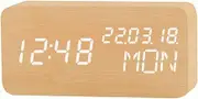 Raercodia Alarm Clock Digital Clock Wooden LED Alarm Clock for Bedrooms Modern Desk Clock Display Time Date Week Temperature 3 Alarms Brightness Adjustable Sound Control Beige