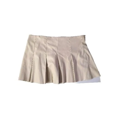 Zara Camel Pleated Mini Faux Leather Skirt Beigel Womens Xl 18.5" Ptp 2249 872