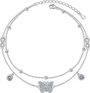 [DAOSHANG] Anklet for Women S925 Sterling Silver Adjustable Butterfly Beaded Layered Anklet Bracelets for Women Beach Jewelry Gifts