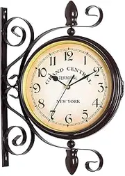 Double Sided Wall Clock, Wall Clock Double Sided Indoor & Outdoor Garden Train Station Clock Vintage Antique Look Wall Mounted Black