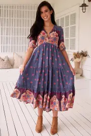 JAASE - Eve Lace Midi Dress: V Neck Tiered Dress with Option Waist Tie in Laney Print