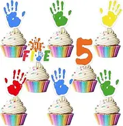 Funmemoir High Five Birthday Party Decorations - 36PCS Hi Five Cupcake Toppers, Rainbow 5th Birthday Decorations for Boys Girls, Handprint Birthday Cake Decorations