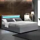 Double Size Gas Lift Bed Frame Storage Base LED Light Bedhead Wooden Slat Grey