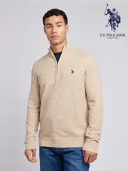 U.S. Polo Assn. Natural Mens Checkerboard Funnel Neck 1/4 Zip Knit Jumper (F61769) | $185