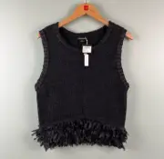 NWT Club Monaco Sleeveless Sweater Vest Sz LG fits SM Black Knit Fringe Tank Top