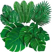 Palm Leaves Artificial Tropical Monstera-84Pcs 6 Kinds Large Small Green Fake Palm Leaf with Stems for Safari Jungle Hawaiian Luau Party Table Decoration Wedding Birthday Theme Party