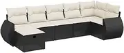 vidaxl Garden Sofa Set with Cushions - 7 Piece Modular Black Poly Rattan Outdoor Furniture for Patio/Backyard/Terrace