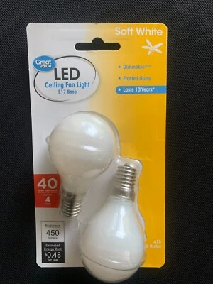 Great Value 2 Bulbs 4 Watts/40 W Equiv. LED Soft White Dimmable Light Bulbs.