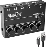 MHAMP1 4-Channel Metal Stereo Audio Amplifier, Mini Headphone Amp with 4x 1/4" TRS Headphone Outputs, TRS Audio Input, DC5V Power Supply, Black Audio Mixing Console