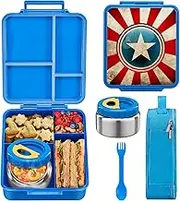 MAISON HUIS Bento Lunch Box for Kids with 8oz Soup Thermos, Leakproof Lunch Compartment Containers with 4 Compartment Bento Box, Thermos Food Jar and Lunch Bag, BPA Free,Travel, School(Striped Star)