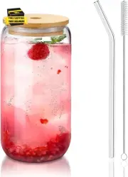Glass Cups with Lids and Straws 1Pack,Glass Coffee Cups,Glass Cup with Lid for I