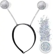 U-Zomir 2PCS Silver Martian Antenna Headband Alien Headband Boppers Ball & 2PCS Silver Holographic Chunky Glitter Costume Accessory Party Favors for Themed Parties