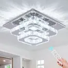 Dimmable Crystal Chandelier Ceiling Light with Remote Square Led Flush Mount Sma