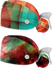 [YTYVAGT] 2-Pc,Nurse Scrub Caps,Scrub Hats with Buttons and Cotton Sweatband,Abstract Geometric Colored Lattice Pattern