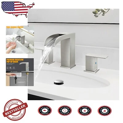 Sleek 8-Inch Brushed Nickel Bathroom Faucet: 3 Hole Widespread Waterfall Design