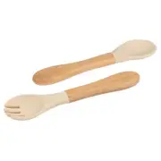 2pc Tiny Dining Beige Bamboo Baby Weaning Fork & Spoon Set Toddler Feeding