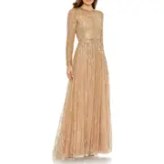 Mac Duggal Sequined Illusion High Neck Long Sleeve Gown in Latte at Nordstrom, Size 14