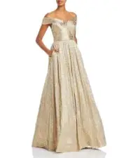 Aidan Mattox Metallic Off The Shoulder Gown Women's 6 Silver/Gold Back Zip S/S